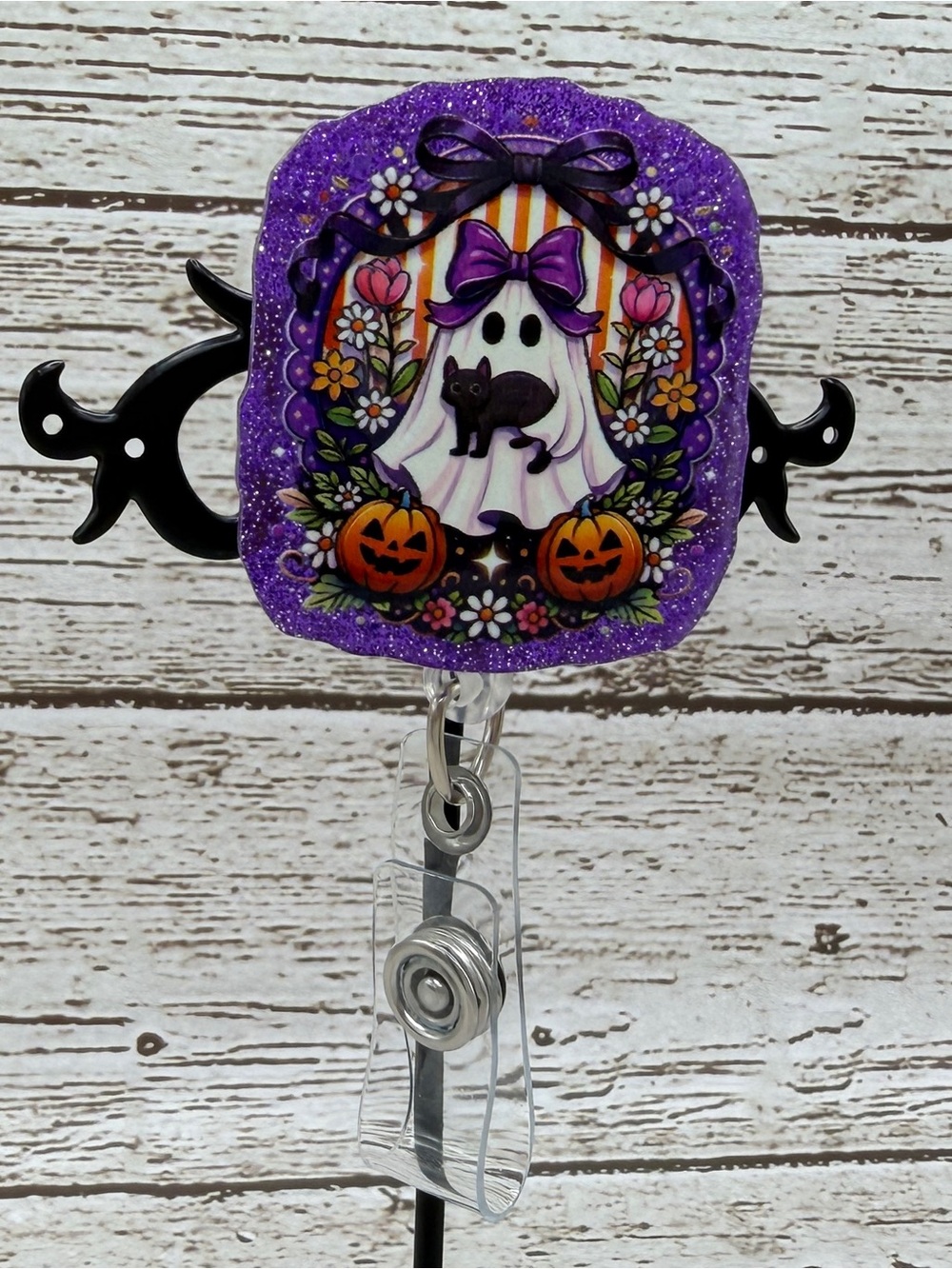 Glitter Purple Halloween Ghost Badge Reel with Bow and Pumpkins